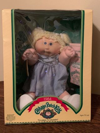 Vintage 1984 Cabbage Patch Kid Girl Doll Blonde Pony Tails Blue Eyes