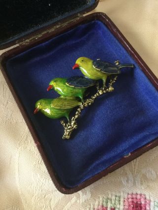 Vintage Jewellery Large Brooch Green Enamel Birds Branch Antique Jewelry Pin