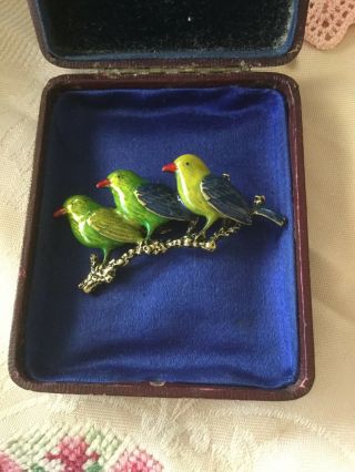 Vintage Jewellery Large Brooch Green Enamel Birds Branch Antique Jewelry Pin 2