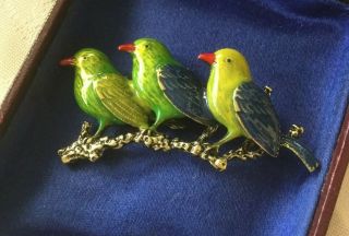 Vintage Jewellery Large Brooch Green Enamel Birds Branch Antique Jewelry Pin 3