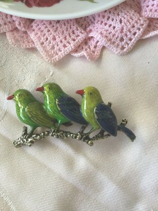 Vintage Jewellery Large Brooch Green Enamel Birds Branch Antique Jewelry Pin 5