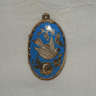 Victorian 14k Yellow Gold GF Blue Enameled Dove Mourning Hair Pendant Locket 7