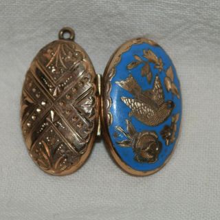 Victorian 14k Yellow Gold GF Blue Enameled Dove Mourning Hair Pendant Locket 8