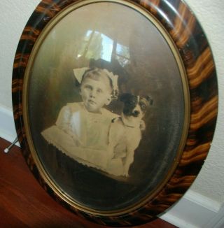 Vintage Framed Cute Girl With Dog Photograph Bubble Concave Glass Photo Terrier
