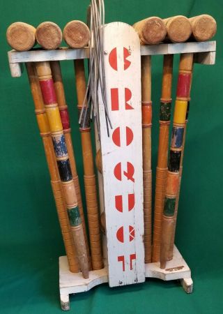Vintage Southbend Croquet Lawnplay Set With Stand 9 Wickets 6 Mallets 5 Balls