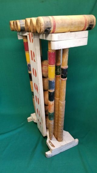 VINTAGE SOUTHBEND CROQUET LAWNPLAY SET WITH STAND 9 WICKETS 6 MALLETS 5 BALLS 4