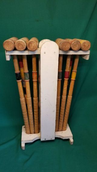 VINTAGE SOUTHBEND CROQUET LAWNPLAY SET WITH STAND 9 WICKETS 6 MALLETS 5 BALLS 6