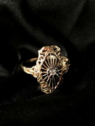 Antique Estate Art Deco 10k Filigree Gold Ring With Small Diamond - Size 9
