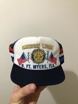 Vintage 80s American Legion Ft.  Myers Florida 3 Stripe Mesh Trucker Hat Cap Usa