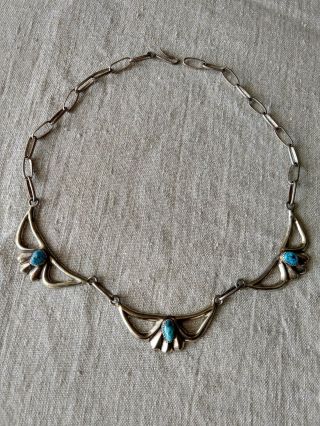 Vintage Navajo Sand Cast Sterling Silver & Turquoise Stone Necklace