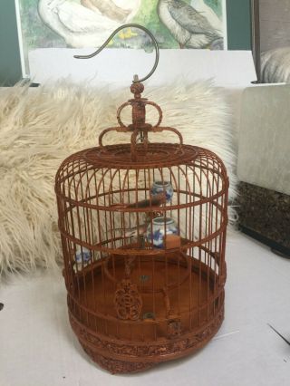 Vintage Asian Carved Wood Bird Cage