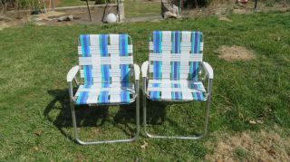 2 Vintage Matching Aluminum Folding Webbed Lawn Arm Beach Patio Chair