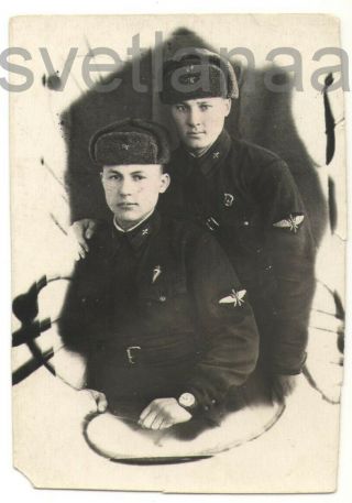 Feb 14,  1943 Two Friends Military Men Aviation Soviet Army Uniform Vintage Photo