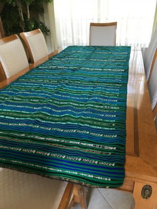 Vintage Handwoven Guatemalan Fabric Green,  Blue With White Approx 175” Long X 35