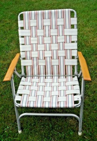 Vintage Aluminum Webbed Lawn Chair Wooden Arms Folding Beach Salmon White Blue