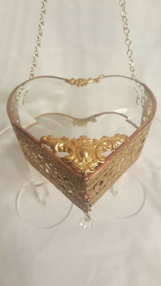 Ormolu Filigree Heart - Shaped Vintage Purse Beveled Glass Brass Ornate Metal Rare
