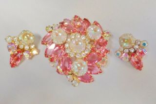 Vintage Juliana Book Piece Pink & Ab Rhinestone Gold Brooch & Earrings