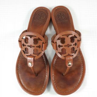 Tory Burch Miller Sandals Vintage Vachetta Tan Brown Leather Womens 8.  5 Big Logo