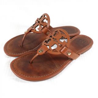 Tory Burch Miller Sandals Vintage Vachetta Tan Brown Leather Womens 8.  5 Big Logo 3