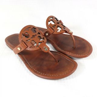 Tory Burch Miller Sandals Vintage Vachetta Tan Brown Leather Womens 8.  5 Big Logo 6