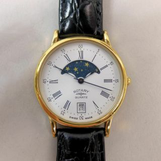 Rotary Gold Plated Moon Phase Date Adjust Quartz Wristwatch - Good Order