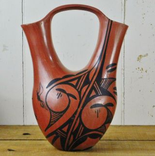 Vtg Black On Red Pueblo Pottery Water Bug Cricket Grass Hopper Wedding Vase 11 "