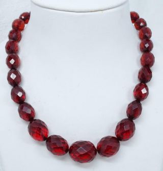 Antique Art Deco Faceted Cherry Amber Bakelite Bead 17” Necklace Carved Clasp
