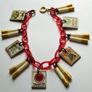 Vintage Red Celluloid Chain Handmade Cigarette Packs Charm Bracelet