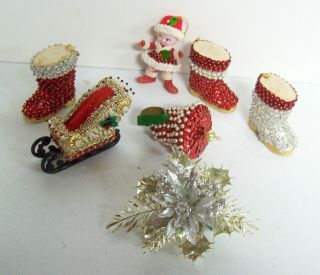6 Vintage Christmas Sequin Bead Ornaments & Corsage