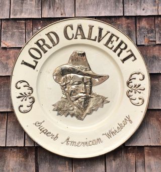 Vintage Lord Carvet American Whiskey Painted Metal Charger Tray Embossed Sign