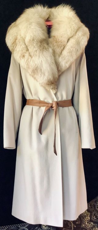 Vtg 50s 60s Mod Lilli Ann Style Huge Fox Fur Shawl Collar Wool Swing Coat L Xl