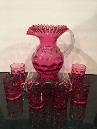 Vintage Fenton Glass Cranberry Coin Dot Water Pitcher Ruffled Rim W/ 6 Tumblers