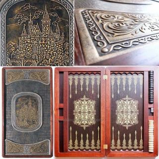 " Old Vintage Castle Natural Wood Leather Game Board Backgammon Set 21 " Nardy