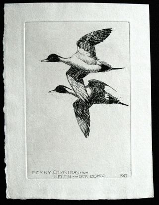 Vtg.  Orig.  1965 Christmas Card Etching By Richard Bishop - - Pintail Ducks