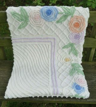 Vtg Antique Chenille Bedspread 90x102 White Pink Violet Flowers Cotton