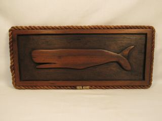 Vintage Hand Carved Wood Rope Folk Art Whale Plaque Sag Harbor Long Island Ny