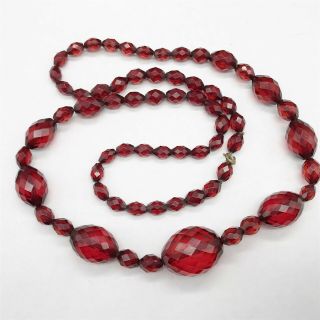 Vintage Antique Faceted Cherry Amber Bakelite Bead Long Ladies Necklace