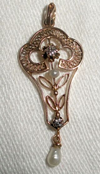 Stunning 14k Rose Gold Diamond Accent & Pearls Floral Leaf Lavalier Pendant