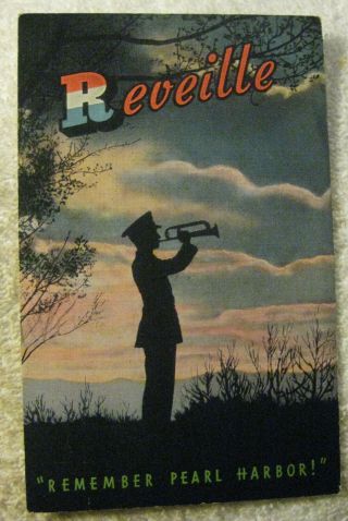 Vintage 1943 Postcard Linen Ww2 Reveille Trumpet Remember Pearl Harbor Hawaii