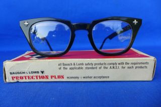 Vtg Bausch & Lomb 5 3/4 Horned Rim Safety Glasses - Black & Box 48[]22