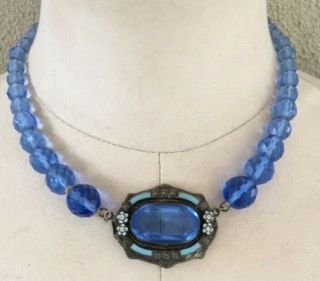 Vintage Art Deco Czech Faceted Blue Glass Enamel Faceted Crystal Bead Necklace