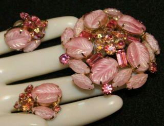 Rare And Stunning Weiss Signed Pin And Earring Set With Unusual Pink Stones