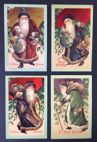 Vintage Santa Claus Postcards (4) E.  C.  C.  Series 46 - Umbrellas,  Different Robes