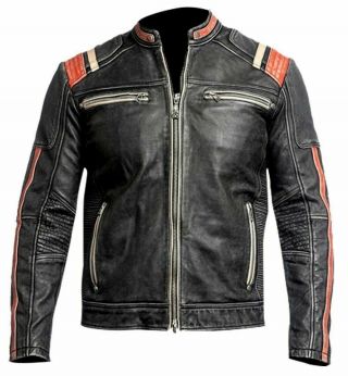 Men’s Biker Retro Vintage Cafe Racer Distressed Black Real Leather Jacket
