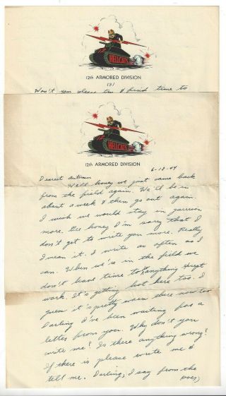 1944 Ww Ii Camp Barkeley,  Tx 12th Armored Division Hellscats Letter