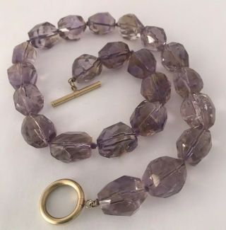 Large Vintage Natural Cut Amethyst & Solid 14k Yellow Gold Clasp Necklace Strand