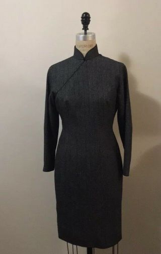 Vintage Chinese Cheongsam Gray Black Herringbone Tweed Wool Dress Sz M
