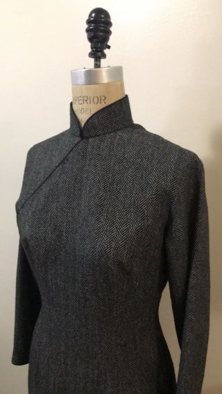 Vintage Chinese Cheongsam Gray Black Herringbone Tweed Wool Dress Sz M 2