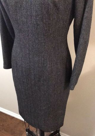Vintage Chinese Cheongsam Gray Black Herringbone Tweed Wool Dress Sz M 3