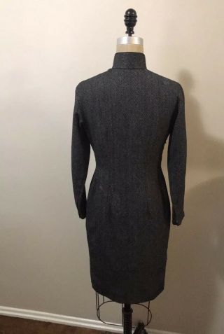 Vintage Chinese Cheongsam Gray Black Herringbone Tweed Wool Dress Sz M 5